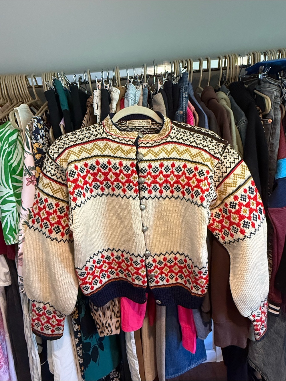 William Schmidt Handmade Norwegian Fair Isle Cardigan in Cream, Navy & Red